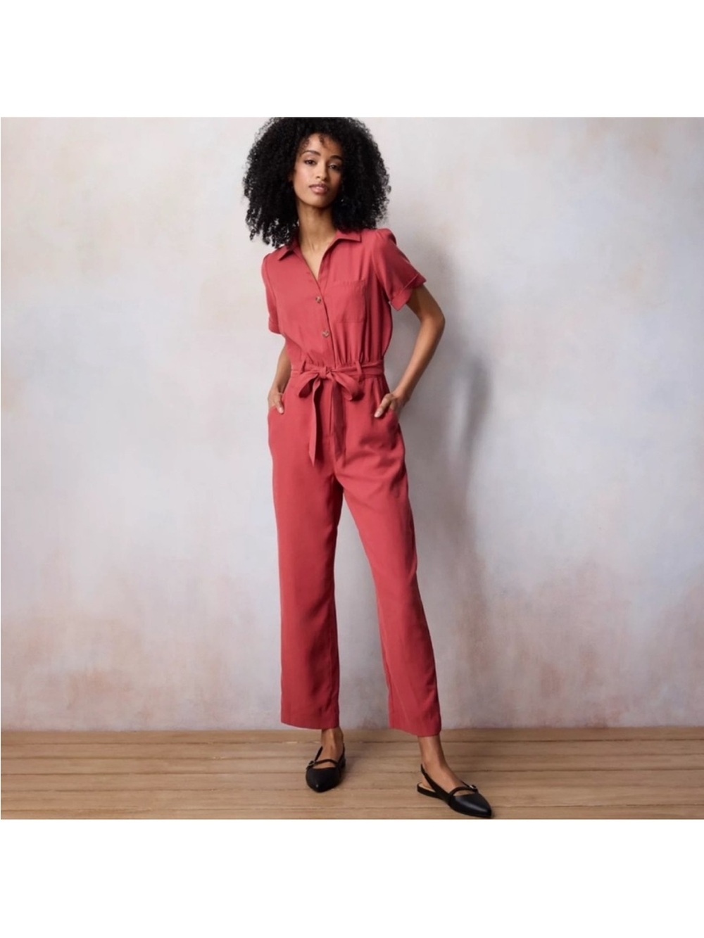 LC Lauren Conrad Brick Red Short-Sleeve Collared Jumpsuit